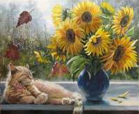 Без бренда «Подсолнухи в синей вазе возле кота» в Новокузнецке в интернет-магазине  Без бренда «Подсолнухи в синей вазе возле кота» в Новокузнецке