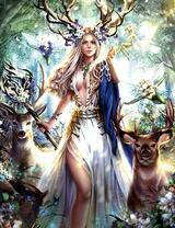 Девушка-друид в лесу с оленями