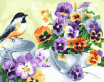 Букетик анютиных глазок и синичка