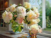 Без бренда «Ваза с букетом белых пионов у окна» в Новокузнецке в интернет-магазине  Без бренда «Ваза с букетом белых пионов у окна» в Новокузнецке