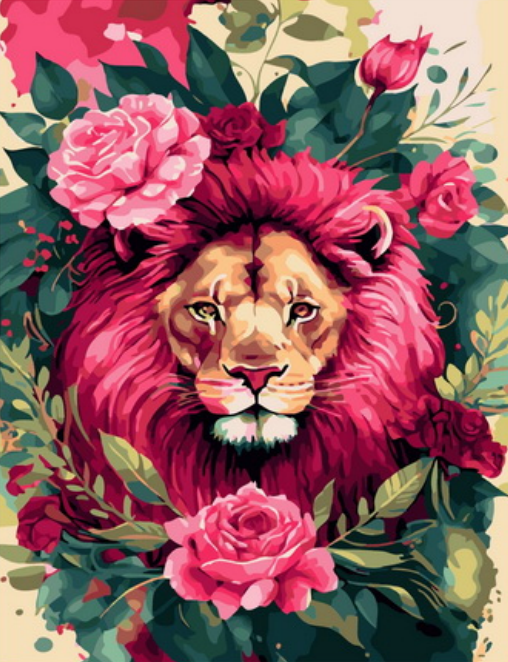 Картина по номерам 40x50 Лев с розовой гривой среди цветов
