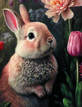 Кролик в саду среди тюльпанов