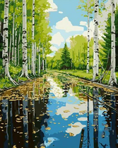 Белые берёзы на берегу лесной реки