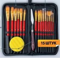 Без бренда «Коробка 50 шт.: Набор кистей для рисования в чехле, премиум набор (15 нейлоновых кистей, 1 мастихин) красные» в Новокузнецке