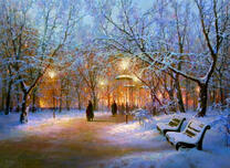 Люди в заснеженном вчернем парке