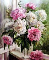 Без бренда «Пионы в прозрачной вазе у окна» в Новокузнецке