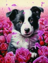 Маленький щенок в розовых розах